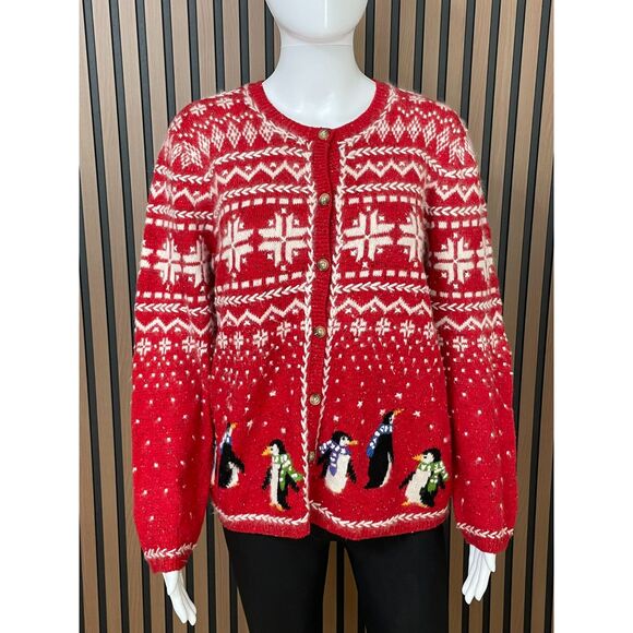 Coldwater Creek Womens Cardigan Sweater Red Penguin Fair Isle Holiday Wool Blend - Picture 1 of 8